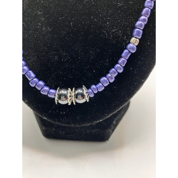 Purple Triangle Seed Beads, Silver-Tone Spacers & Round Metallic Beaded Necklace - Picture 11 of 13